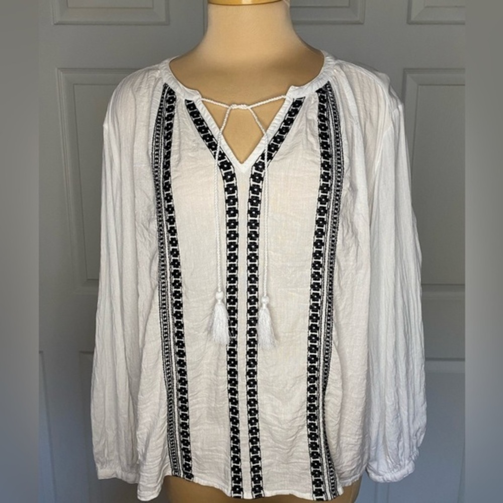 Old Navy White Blouse with Black Embroidery, peasant, boho